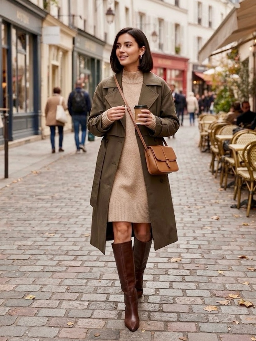 Zara Tan/Cream Knit Turtleneck Sweater Dress